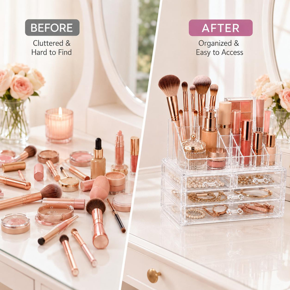 AISOON®️ 4 Drawer Acrylic Cosmetic Organizer, Clear Makeup Storage Box with 16 Compartment
