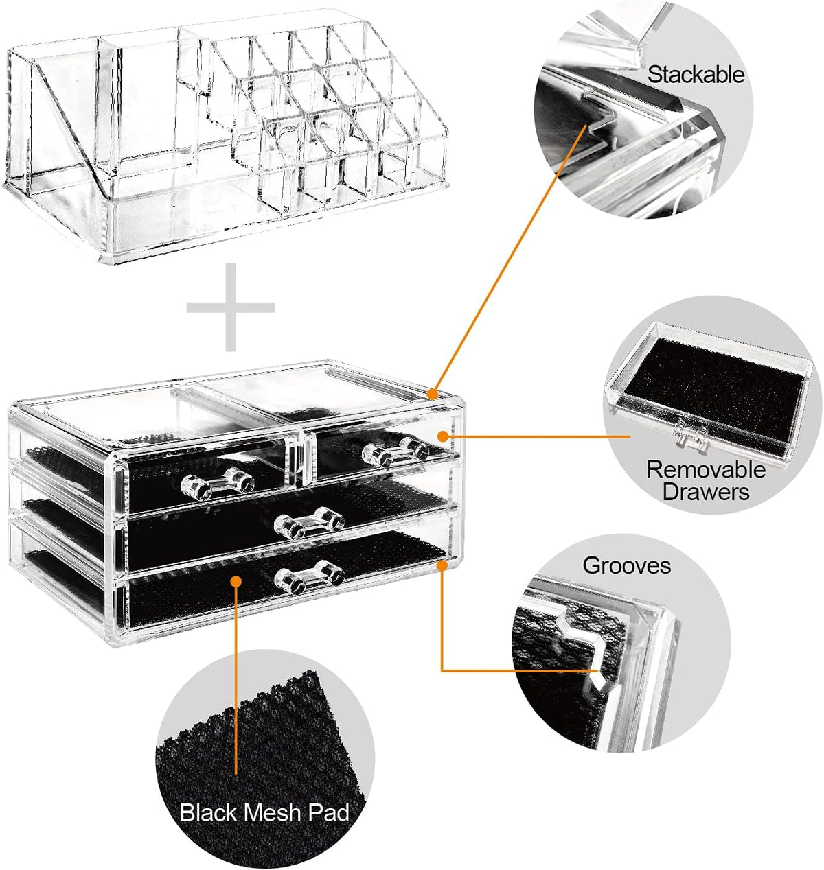 AISOON®️ 4 Drawer Acrylic Cosmetic Organizer, Clear Makeup Storage Box with 16 Compartment