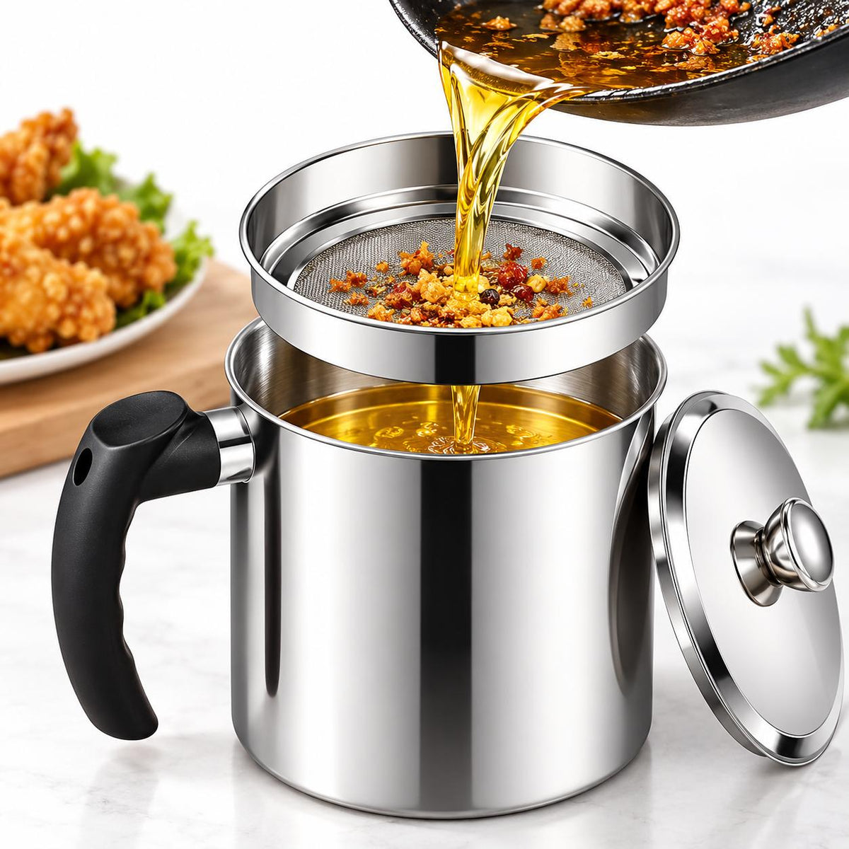 AISOON®️ 1400ML Bacon Grease Container with Strainer, 304 Stainless Steel Oil Filter Pot