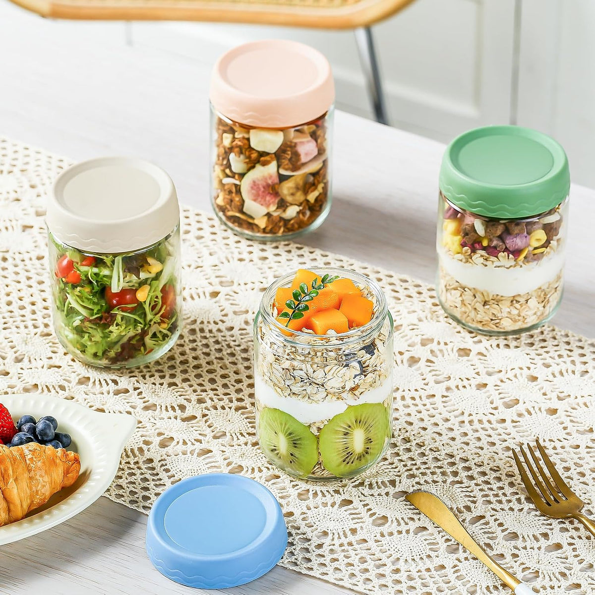 AISOON®️ 16oz Overnight Oats Containers with Lids - 6 Pack Glass Storage Jars with Airtight Lids