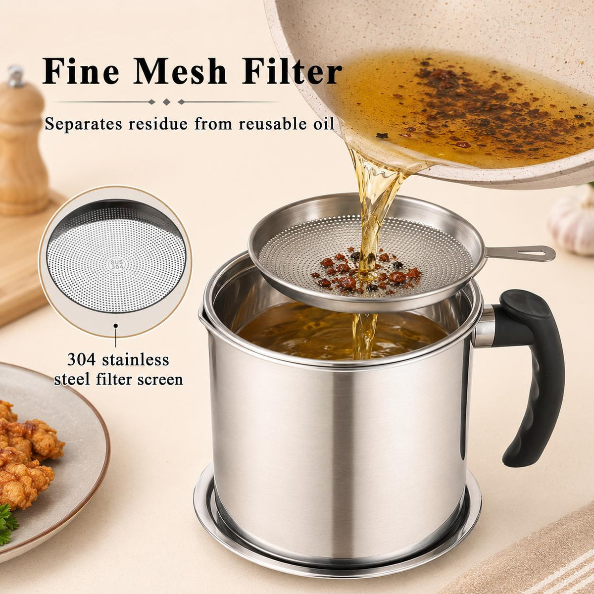 AISOON®️ 1400ML Bacon Grease Container with Strainer, 304 Stainless Steel Oil Filter Pot