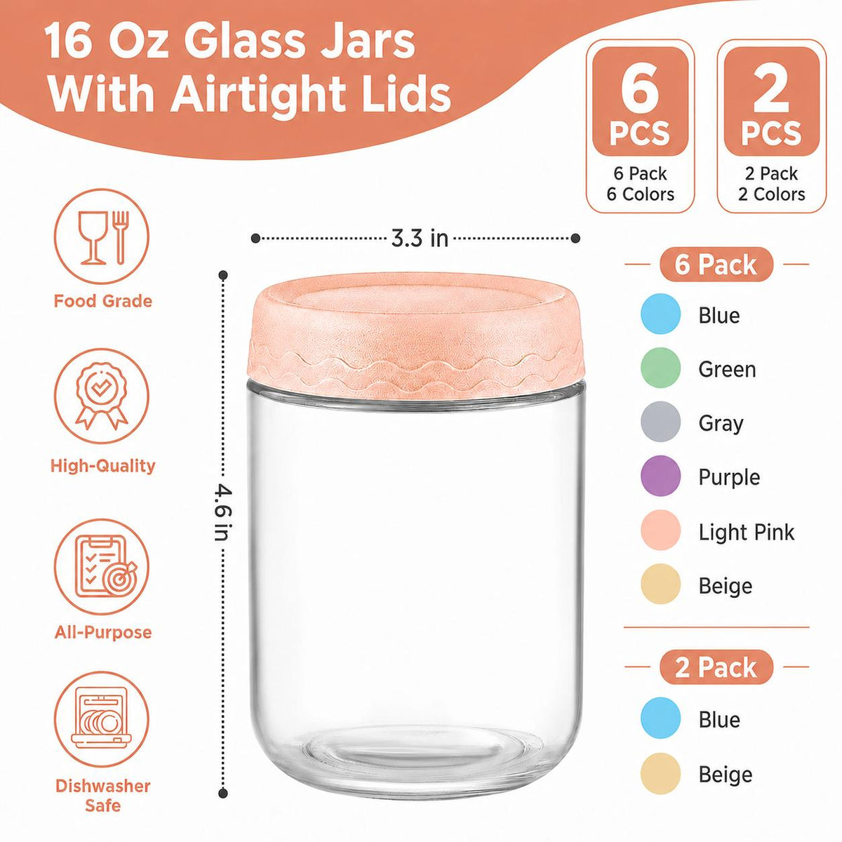 AISOON®️ 16oz Overnight Oats Containers with Lids - 6 Pack Glass Storage Jars with Airtight Lids