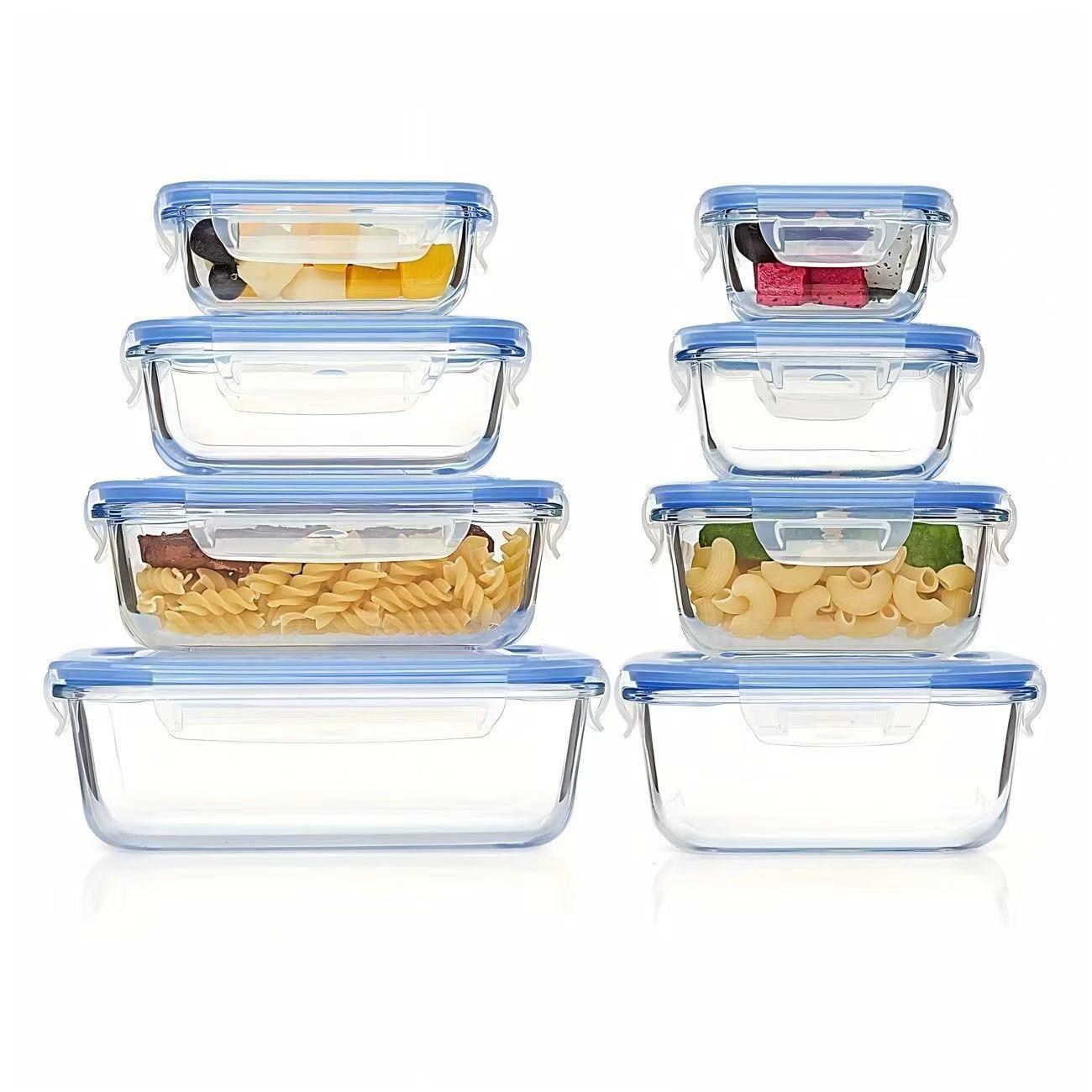 8 Pack Borosilicate Glass Food Storage Containers Set with Airtight Lids & Free Wheat Straw Utensils – Stackable BPA-Free Meal Prep Containers, Oven Microwave Freezer Dishwasher Safe (Rectangular & Square)