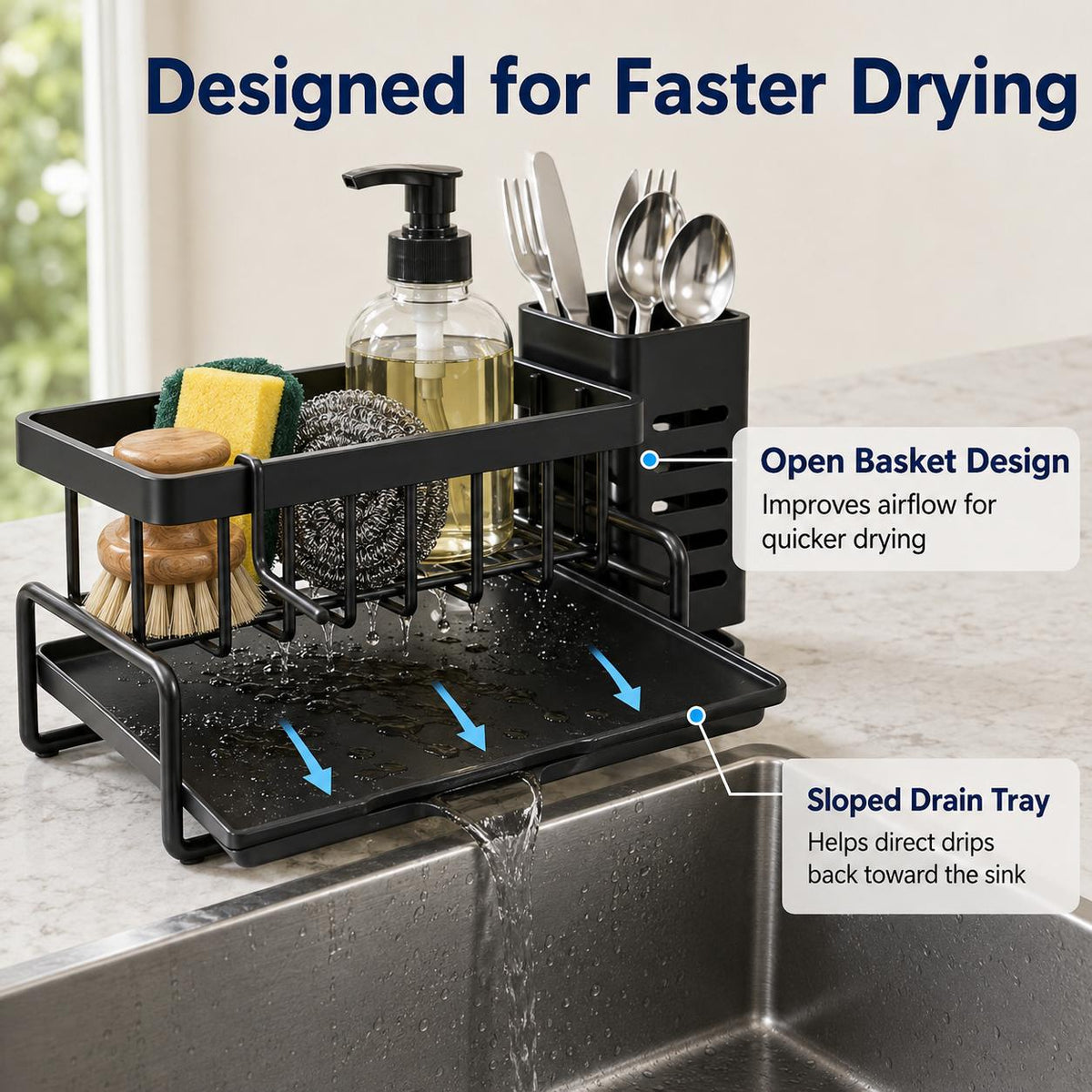 AISOON®️ Compact Carbon Steel Sink Caddy Organizer with Drain Tray