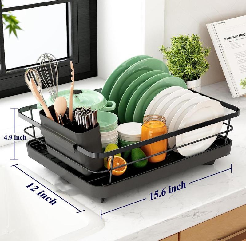 Dish drying rack with measurements on a kitchen counter