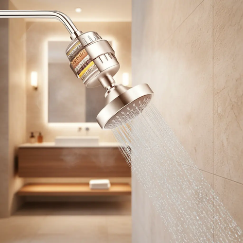 Shower head with water flowing in a bathroom setting