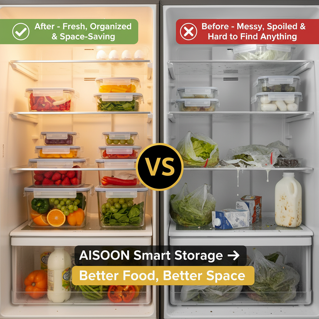 AISOON 10 & 14 Pack Fridge Organizer Bins with Lids – BPA-Free Stackable Clear Containers for Refrigerator, Pantry & Kitchen Organization