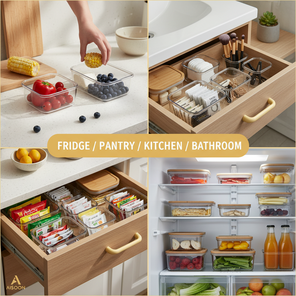 AISOON 10 & 14 Pack Fridge Organizer Bins with Lids – BPA-Free Stackable Clear Containers for Refrigerator, Pantry & Kitchen Organization