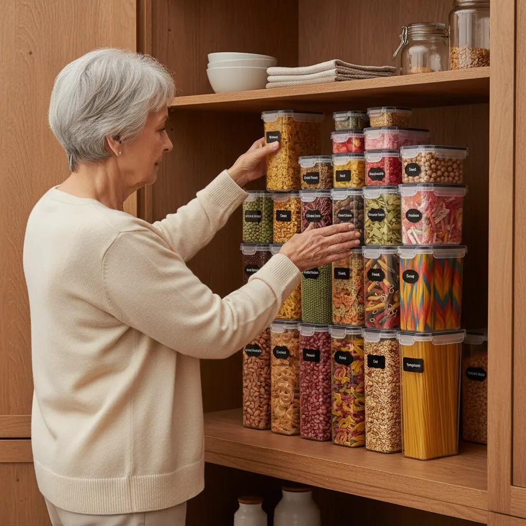Woman organizing airtight food storage containers in a pantry