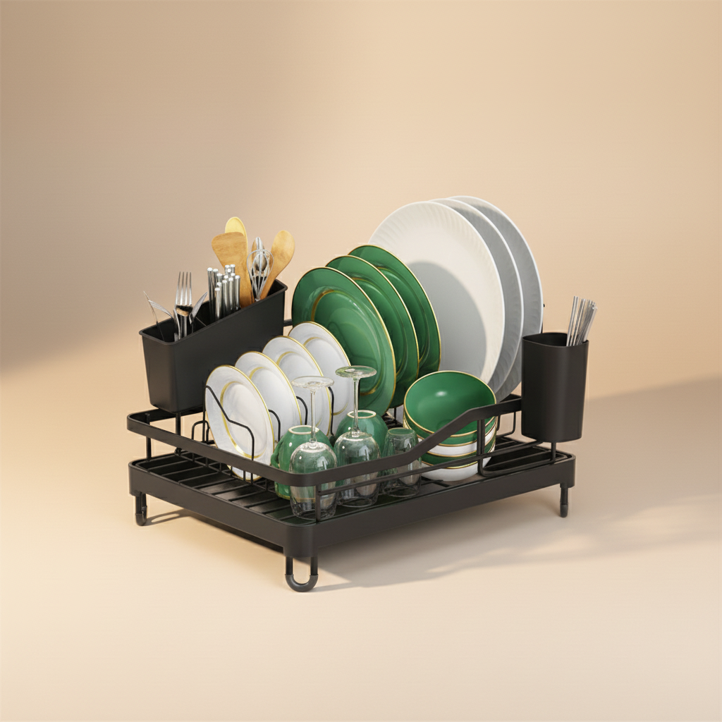 Dish rack with green plates, bowls, and utensils on a beige background