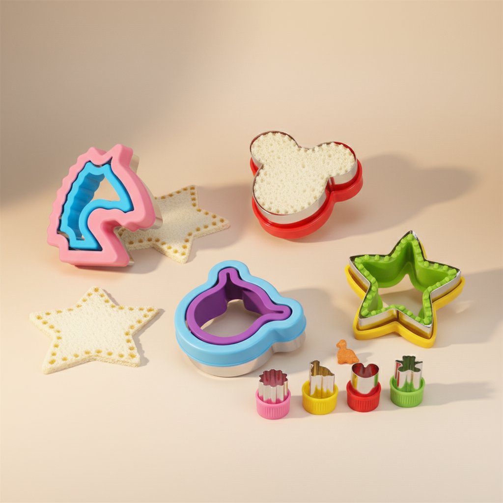 Set of colorful cookie cutters with star, horse, and other shapes on a beige background.